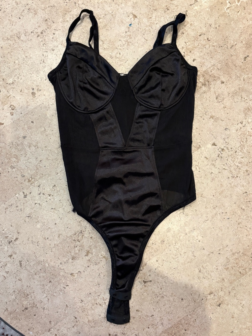 Bozzolo Black Ribbed Mesh and Silk Bodysuit